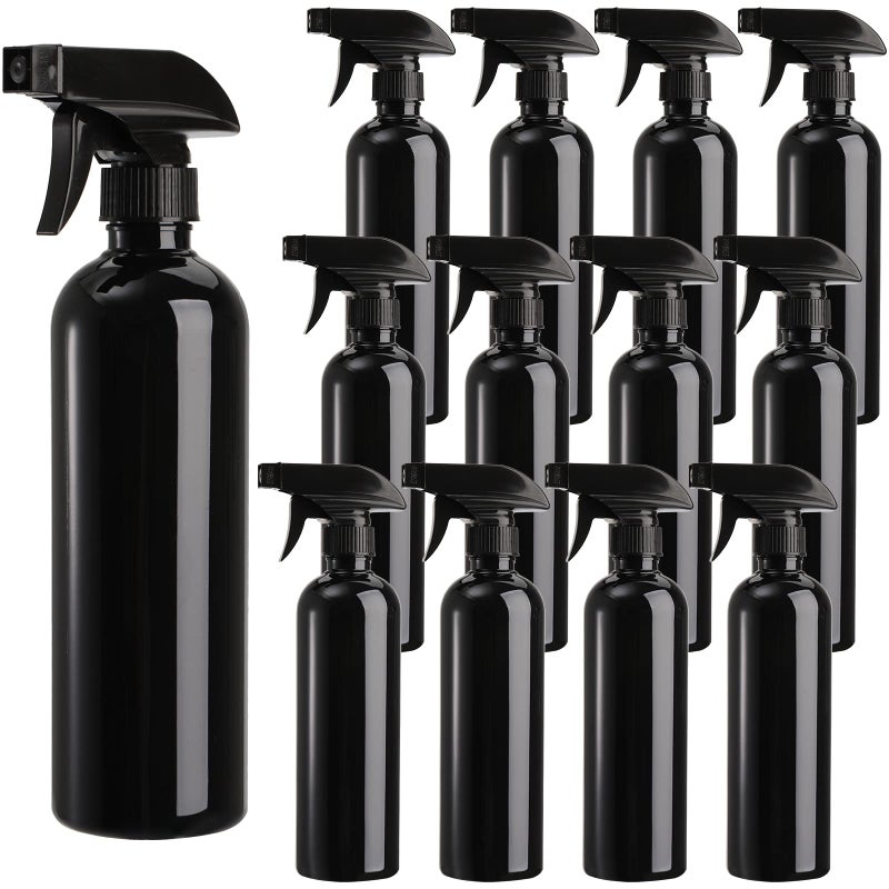 TOPZEA 12 Pack Empty Spray Bottles 16oz Plastic Durable Black Spraying Bottles with Mist and Stream Option Leakproof Sprayers for Cleaning Solutions Alcohol Essential Oils Hair Misting